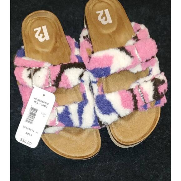 R2 Bernette Multi Color Fuzzy SlipOn Sherpa Strap Faux Suede Camo Sandals 11 New - Picture 3 of 5
